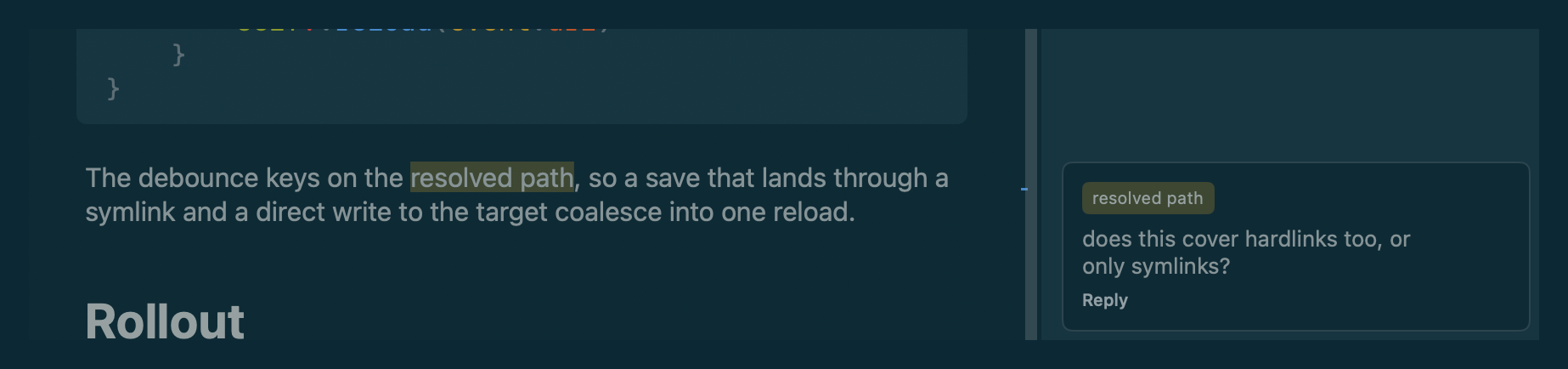 A single comment highlighting the words 'resolved path' in a sentence, with its card anchored directly beside that line in the rail, asking 'does this cover hardlinks too, or only symlinks?'.