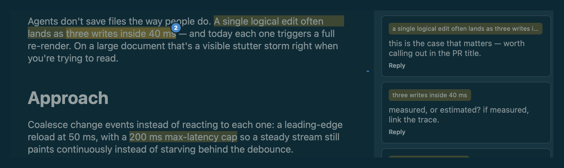 Two overlapping comments on one sentence: an outer highlight over 'a single logical edit often lands as three writes inside 40 ms' and an inner highlight over 'three writes inside 40 ms', with a small badge reading 2 where they meet, and each comment shown as a card in the rail.