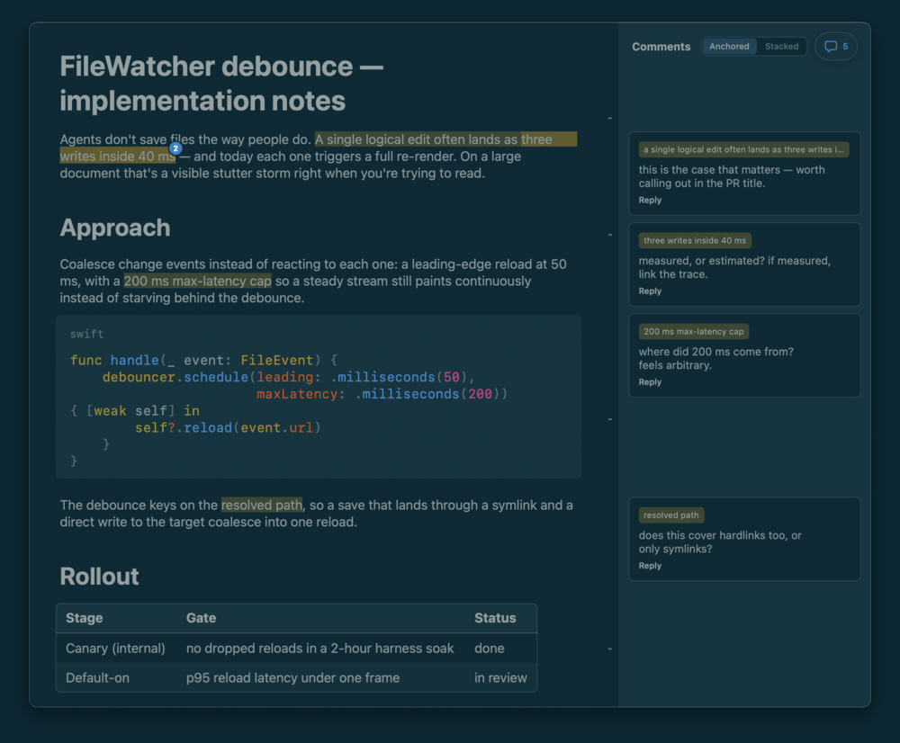 mkdn in Solarized Dark with the comment rail open. An agent named claude replies to the comment 'where did 200 ms come from?' and the reply pops into the thread under the card the instant it is written from the CLI.