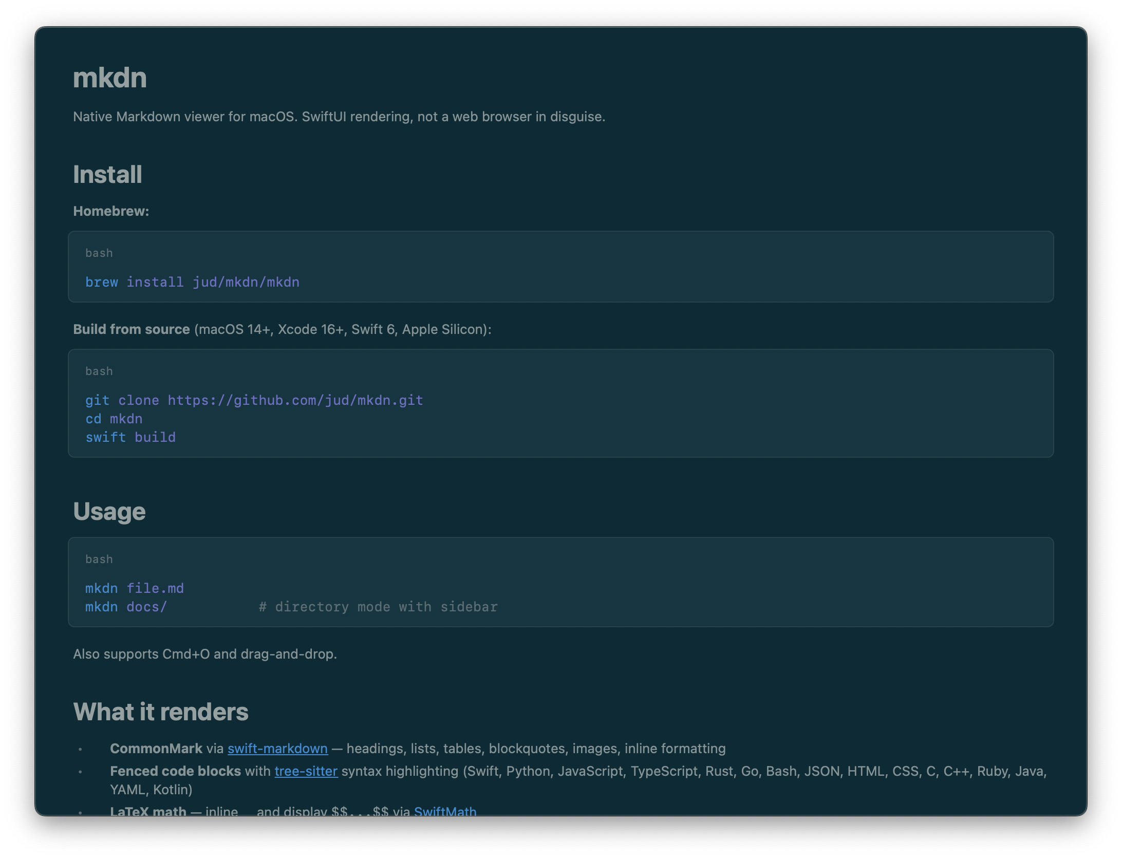 mkdn rendering its own README in Solarized Dark